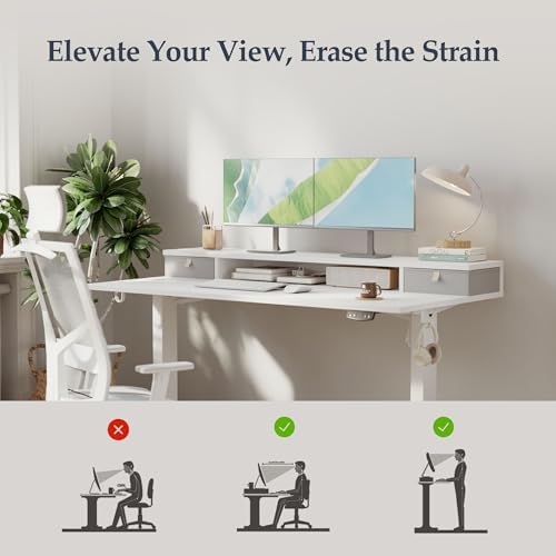 Klicelor 55 x24 Inch Electric Standing Desk with Drawers, Adjustable Height Small Sit Stand Desk for Home Office, Compact Computer Workstation with Storage– White