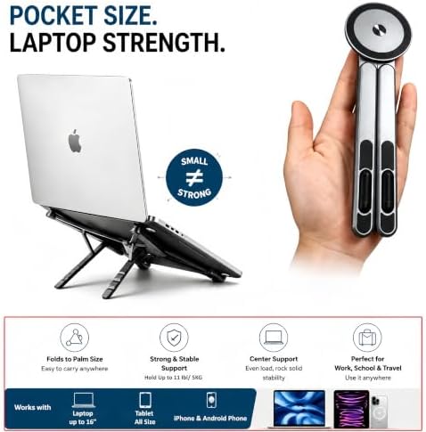 4-in-1 Foldable Laptop Stand with N52 Magnetic Phone Holder, Portable Aluminum Computer Stand for MacBook/ iPad/ Tablet, Adjustable Ergonomic Desk Stand for Home Office College Dorm & Travel Giftable