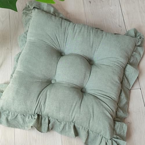 Tufted Cotton Chair Cushions Set of 2 Solid Color Soft Comfort Chair Pads with Ruffles Farmhouse Country Seat Cushions for Kitchen Indoor Dining Room Patio Chairs (Green,17"x17")