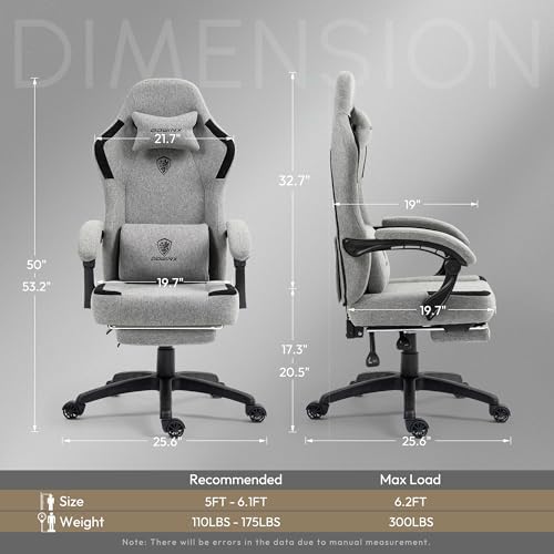 Dowinx Fabric Gaming Chair with Pocket Spring Cushion,Breathable Computer Chair with Massage Lumbar Support and Footrest,High Back Game Office Chair for Adult,Grey