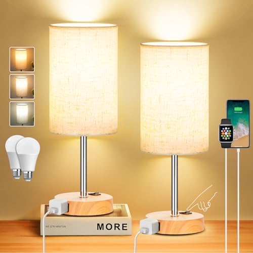 ZJOJO Wood Grain Table Lamp Set of 2 for Bedroom,Flaxen Fabric Shade, 13.8"