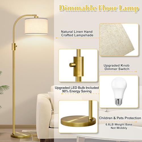 Nintiue Upgraded Modern Arc Dimmable Tall Standing Floor Lamp with Linen Shade, 1200 Lumens LED Bulb Included, for Living & Reading Room, Bedroom, Office & Nursery, Brass