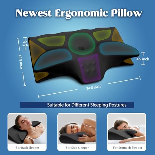 Cervical Pillow for Neck Pain Relief, Cooling Contour Memory Foam Pillows Support Odorless Ergonomic Neck Pillow Adjustable Orthopedic Bed Pillow for Side Back Stomach Sleeper with Pillowcase,Black