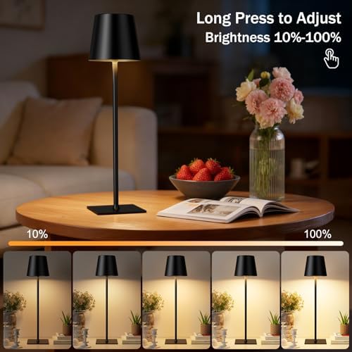 Kakanuo Black Cordless Rechargeable Table Lamp, 4 Pack Portable Desk Lamp with 5000mAh Battery, Touch Control Stepless Dimming, Wireless Night Light for Dining, Outdoor Camping, Coffee Shop