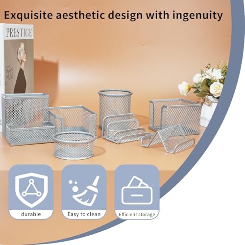 6 Pack Mesh Metal Desk Organizer Stationery Storage Set Silver