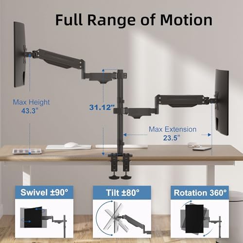 Suptek Dual Monitor Mount Stand-Height Adjustable Gas Spring Monitor Arm Desk Mount for 2 Computer Screens 17 to 34 inches - Each Arm Holds up to 24.25lbs (MD8822)