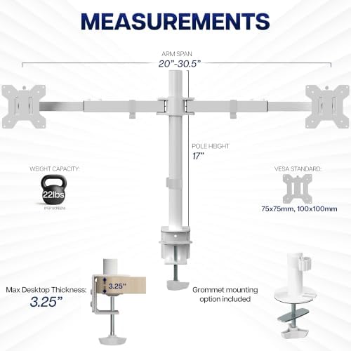 VIVO Dual LCD LED 21 to 32 inch Monitor Desk Mount, Heavy Duty, Adjustable Telescoping Arms, Flush Wall Setup, Fits 2 Screens, White, STAND-V002EW