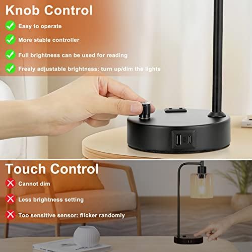 Industrial Desk Lamps for Office Set of 2 - Fully Dimmable Bedside Lamps with USB A C Ports and Outlet, Black Nightstand Lamps with Grey Glass Shade for Living Room, Table Lamps for Bedrooms Reading