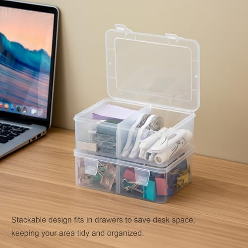 Vidifor Multipurpose Small deep Container, Removable Adjustable Dividers, 1/2 Compartments, Stackable Desk Organizer for Office, Crafts, Battery or School Supplies, Dorm Container (2)