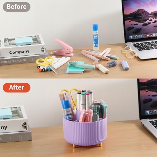 Desk Pencil Pen Holder, 5 Slots 360°Degree Rotating Pen Organizers for Desk, Desktop Storage Stationery Supplies Organizer, Cute Pencil Cup Pot for Office, School, Home, Art Supply, Purple