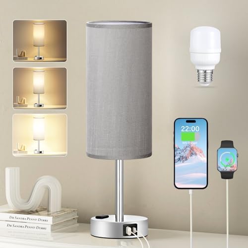 Fenmzee Grey Bedside Lamp for Bedroom, Dimmable Touch, USB A+C, AC Outlet