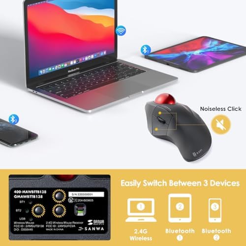SANWA 3-Device Wireless Trackball Mouse, Index Finger 44mm Roller Ball Mice