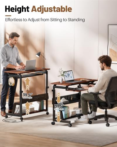 Rolling Computer Desk with Power Outlet, Adjustable Height Portable Desk