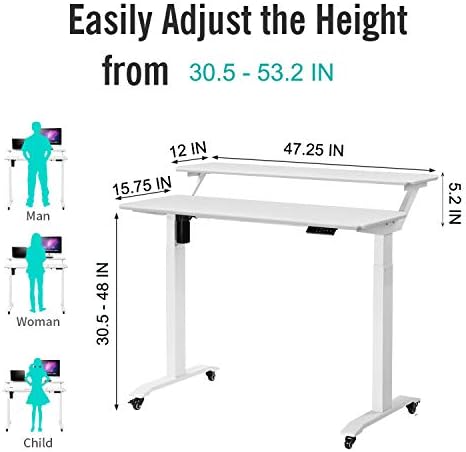 UNICOO Electric Height Adjustable 2-Tier Raising Desk with Wheels, Mobile Standing Desk with Monitor Stand, Ergonomic Adjustable Computer Table, Electric Standing Game Table for Home Office