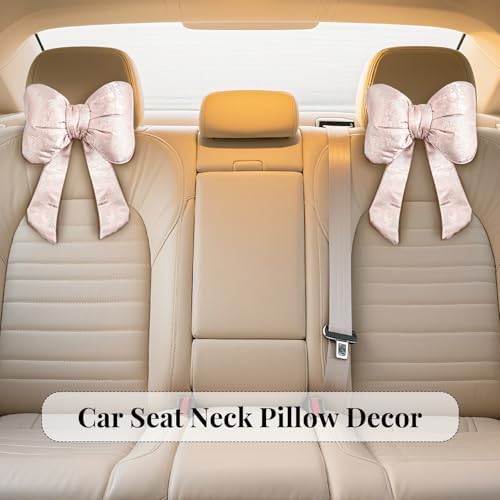 2 Pack Bow Car Headrest Pillow Comfortable Soft Plush Head Rest Cushion, Neck Pillow for Driving Office Use and Car Interior Decoration (Pink SJK)