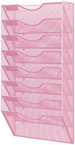 EasyPAG 8 Pocket Mesh Wall File Organizer, Hanging Paper Folder Holder with Classify Label, Vertical Wall Mount Mail Organizer for Office Home Classroom, Pink