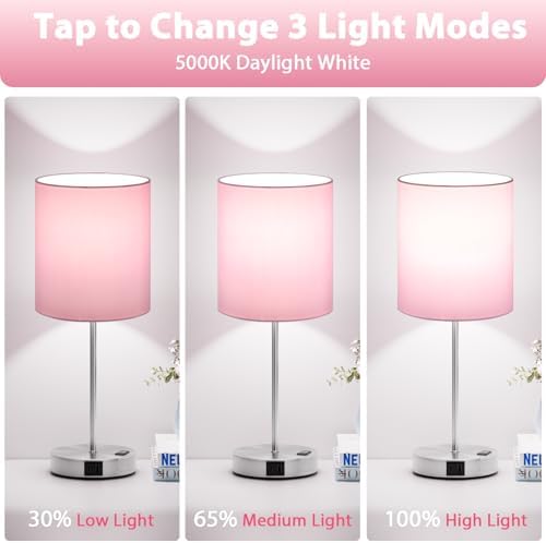 17.6" Pink Touch Lamps for Bedroom Set of 2 - Dimmable, USB C+A, AC Outlet