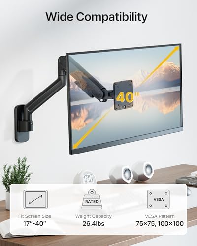 monTEK Single Monitor Wall Mount, Full Motion Spring Arm for 17-40" Screen