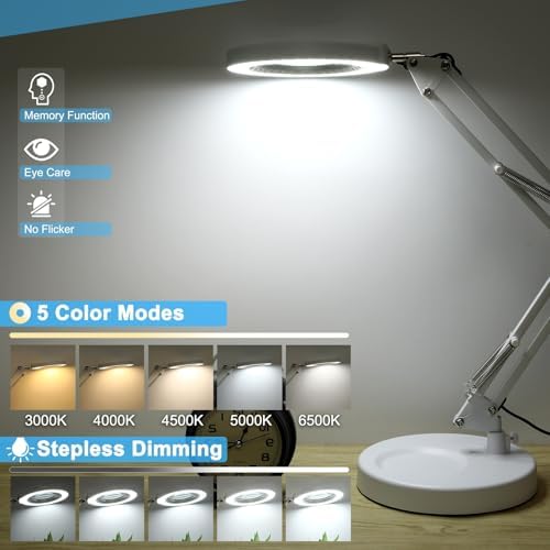 12X Magnifying Glass with Light and Stand, 5 Color Modes Stepless Dimmable 2-in-1 Lighted Magnifier with Clamp, LED Desk Lamp Hands Free for Crafts Hobby Reading Painting Sewing Close Work White