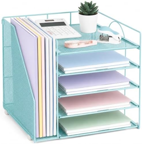 LEKETREE Desk Organizers and Accessories, 5-Tier Paper Letter Tray Organizer with File Holder, Desktop Organizer for Office Supplies (Blue)