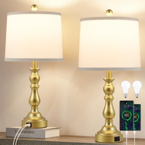 Gold Table Lamps Set of 2, Gold Lamps for Bedroom, USB C+A Ports