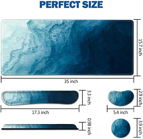 AIMSA Large Gaming Mouse Pad Set, Keyboard Wrist Rest Support + Extended Mouse Pad + Mouse Wrist Cushion + Coaster, Ergonomic Memory Foam Multifunctional Desk Mat 35x15.7inch (Dark Blue Waves)