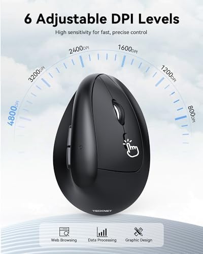 TECKNET Ergonomic Mouse, Vertical Wireless Mouse 2.4G, Computer Mouse with 6 Adjustable 4800 DPI, Quiet Clicks Optical Mice, USB A Receiver, 6 Buttons for Laptop, Desktop, PC - Black