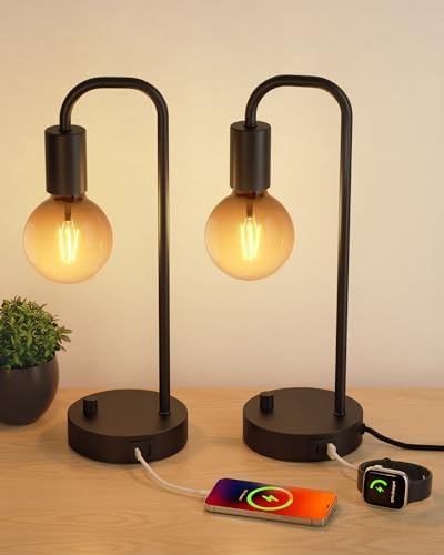 ONEWISH Industrial Table Lamp Set of 2 with USB C&A Charging Port, Stepless Dimmable Nightstand Bedside Lamps for Bedroom,Desk Lamps with 2700K Black Gradient Bulb for Reading Living Room,Office