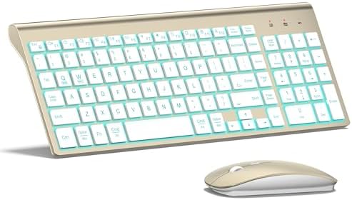 Wireless Backlit Keyboard and Mouse Ultra Slim Combo, TopMate - Gold White