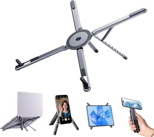 Portable Laptop Stand for Desk, Foldable Adjustable Computer Riser with Magnetic Phone Holder, Aluminum Laptop Stand Tablet Stand Mobile Phone Holder (Gray)