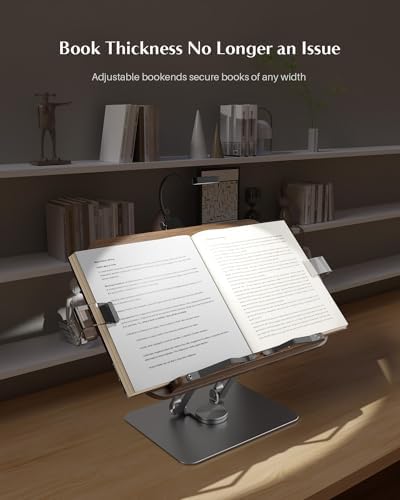 Book Stand for Reading,Adjustable Book Stand with Light,360° Rotating Metal Base,Foldable Cookbook Stand,Reading Hands Free with Page Clips for Recipe,Textbook,Cookbook（3CCT & CRI 90）