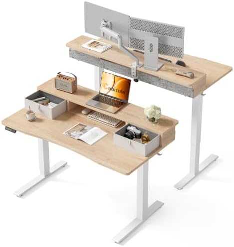 CubiCubi 55 x 28 Inch Electric Standing Desk with 2 Drawers, Maple