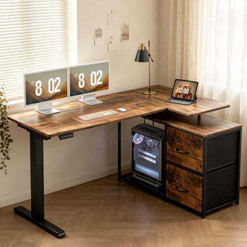 55″ Electric Standing Desk with Drawers, L-Shaped Vintage Brown Adjustable Height Corner Gaming Computer Desk for Home Office, Memory Preset, Stable Steel Frame, Power Outlet & USB-C Port