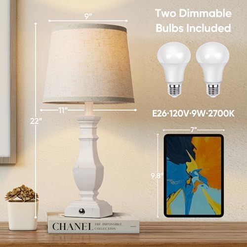 ROTTOGOON Dimmable Table Lamps Set of 2, Rustic Farmhouse Table Lamps for Living Room Bedroom, Bedside Desk Lamps for end Tables, Touch Lamps for nightstand, 9W Bulbs Included, 22", White