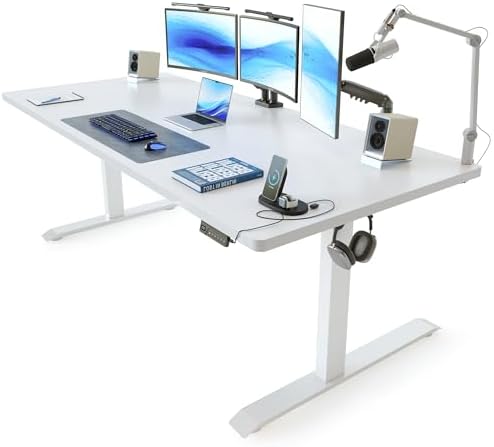 FEZIBO 63 x 37 Inch Large Electric Standing Desk 1" Thick Desktop, White