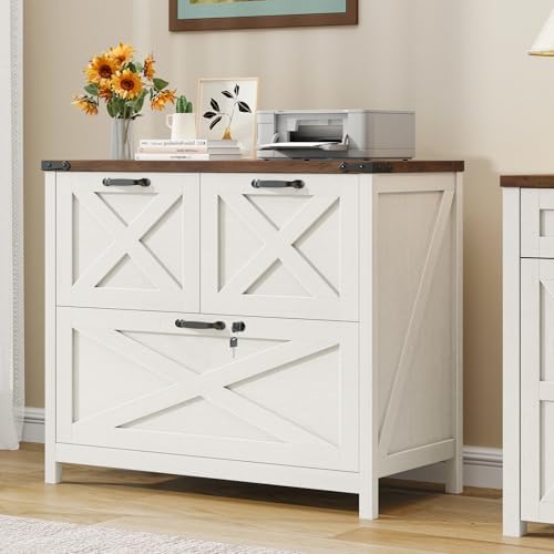 Halitaa Farmhouse Lateral File Cabinet with 3 Drawers, White and Brown