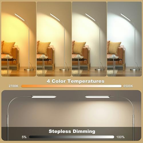 Yikuneng Dimmable LED Floor Lamp, Super Bright Reading Lamps Floor Standing lamp with Remote & Touch Control, Stepless Dimming & 2700K-6500K Color Temperature, for Living Room Bedroom Office, Gray