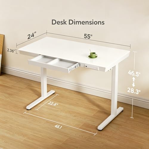 INNOVAR Glass Standing Desk with Drawers & USB Ports,55 inch Whole-Piece Glass Top Adjustable Height Desks, Quick-Install Electric Sit-Stand Up Desk for Home Office & Computer Workstation, White