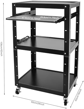 Steel AV Cart on Wheels Rolling Media Carts with Height Adjustable Shelf Metal Presentation Cart with Keyboard Tray Computer Workstation for Office Classroom