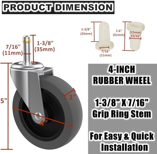 RILIDRI 4-Inch Swivel Stem Caster for Rubbermaid Mop Bucket Utility Cart, 7/16-Inch Stem Diameter Rubber Wheel Set of 4, Heavy Duty TPR Weber Grills Shop Vac Replacement Wheels
