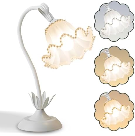 Flower Table Lamp, LED Reading Light Vintage Night light (White Pearls)