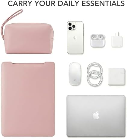 4-in-1 Laptop Sleeve with Stand and Mouse Pad, Faux Leather Protective Case with Accessory Pouch for 13.3-14 Inch Laptops, Pink