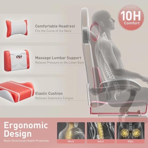 HLDIRECT High Back Gaming Chair, USB Massage Lumbar Support, White&Red