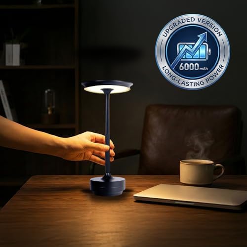 2026 Upgraded 6000mAH for longer battery life. Cordless Table Lamps Rechargeable, Portable Lamp, Stepless Dimming LED Table Light with Memory Function, for Outdoor/Dinner/Patio/Restaurant, (Black)