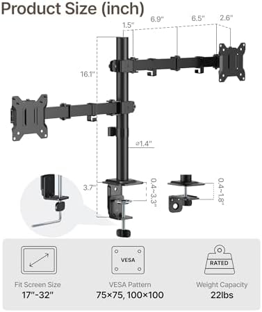 monTEK Dual Monitor Stand for 17-32" Screens, 22 lbs Each
