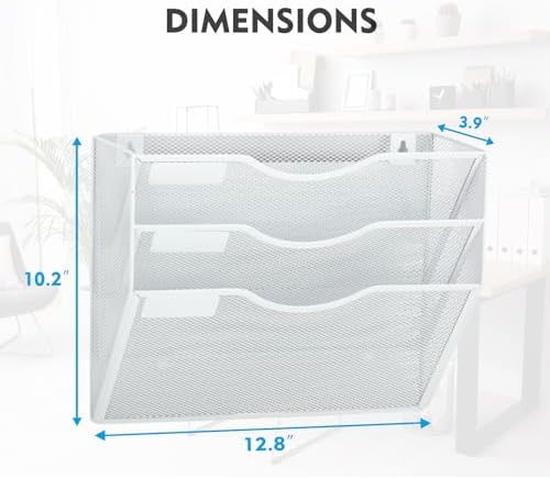 EASEPRES Magnetic 3 Pocket Mesh Hanging Wall File Organizer, Wall Mounted Mail Paper Document Folder Holder, Clipboard Storage Magazine Rack with Nametag Label for Office Home School, White
