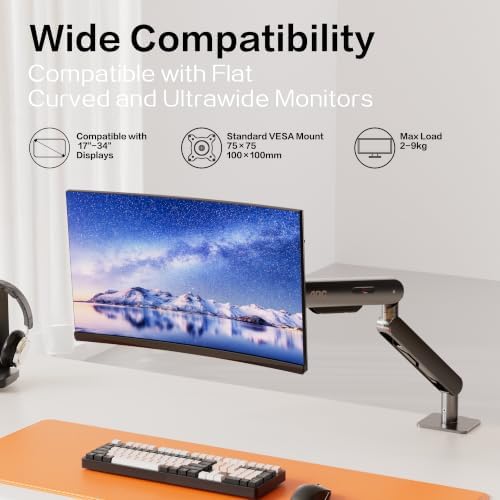 AOC AM400PLUS Premium Aluminum Single Monitor Arm, Mechanical Spring, 17–34 Inch, 4.4–19.8 lbs, VESA 75x75/100x100, C-Clamp, Quick Install Desk Mount with Cable Management (Gray)