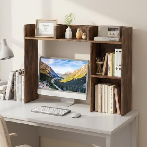 Tangkula Desktop Bookshelf, Countertop Storage Hutch with 5 Shelves for Computer Desk, 3-Tier Display Rack, Multipurpose Wood Desktop Hutch Storage Organizer for Dorm Office, Brown