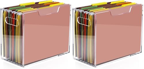 DINGHUO Hanging File Organizer, Acrylic File Holder with Handles, No Assembly Required, Clear File Crate Storage Box for Desk Office, Fits Standard Letter Size 8.5"x11" Folders (Pack of 2)