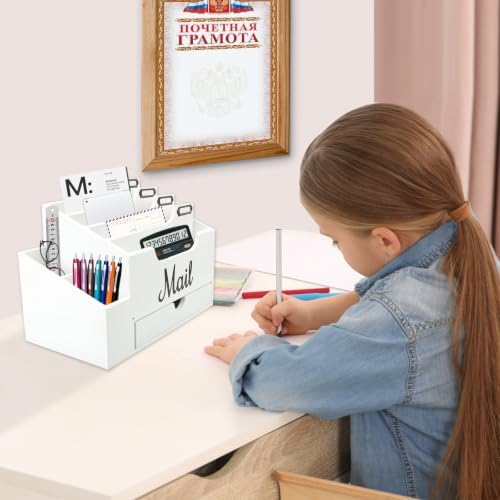 Wood Desk Organizer, Mail Organizer Countertop with 2 Pen Holders
